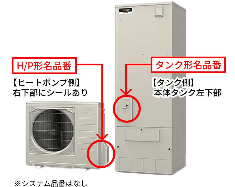 H/P形名品番：【ヒートポンプ側】 右下部にシールあり / タンク形名品番：【タンク側】本体タンク左下部