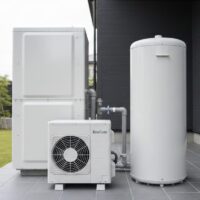 電気温水器とエコキュートの模型が横並びで置かれている画像