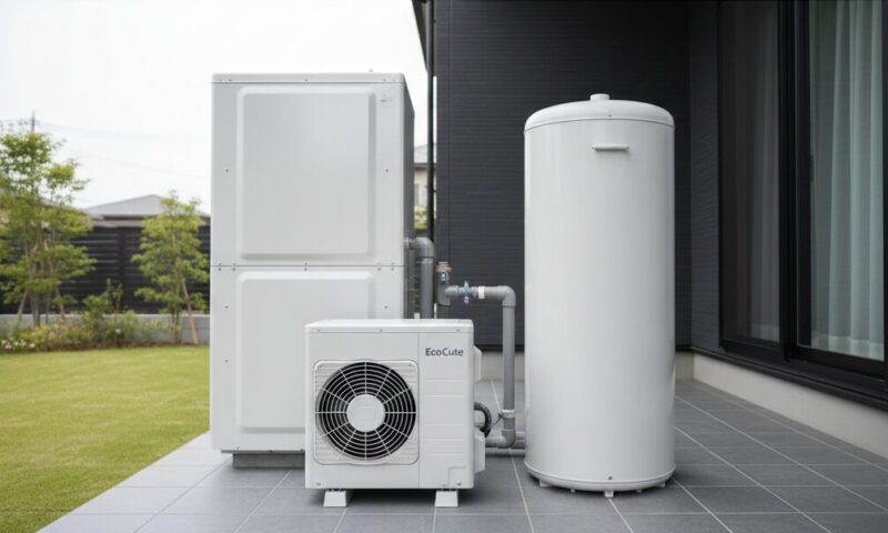 電気温水器とエコキュートの模型が横並びで置かれている画像